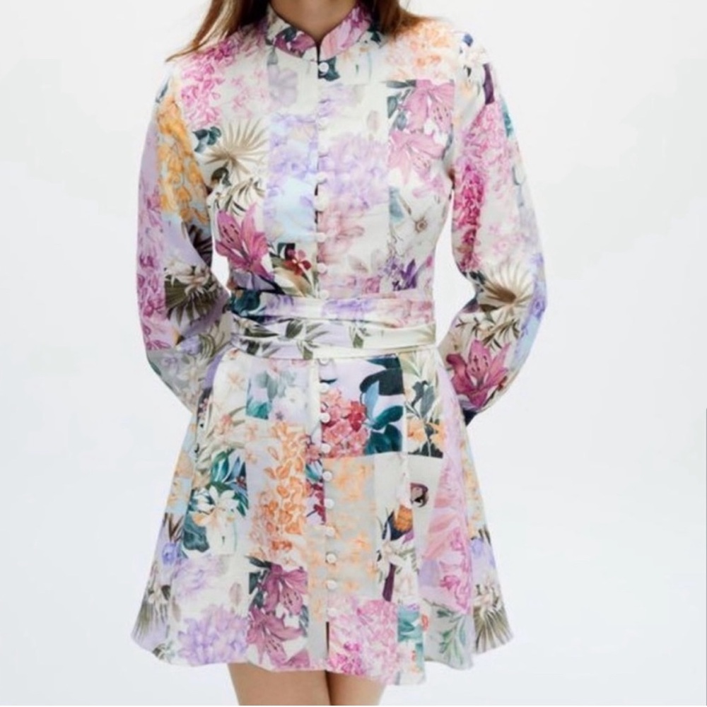 Zara Linen Blend Patchwork Belted Multicolored Tropical Print  Mini Dress Size S